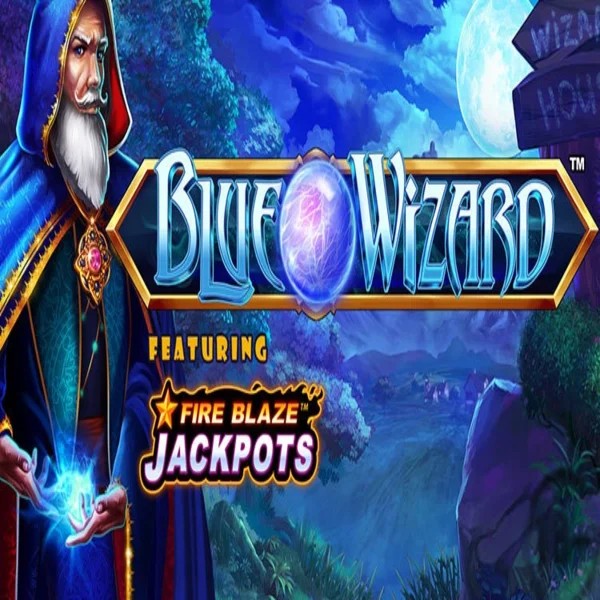 Blue Wizard Fire Blaze Jackpots logo by Rarestone Gaming Fridayroll Casino